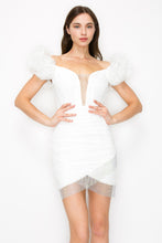 White V-Neck Off Shoulder Mesh Metal Detail Mini Dress