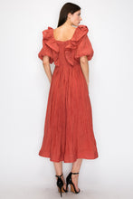 Clay Short Puff Sleeve Pleated Ruffle Trim Midi Dress