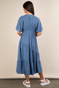 Denim Mineral Washed Elastic Neck Detail Midi Dress