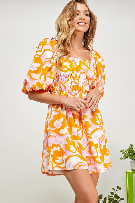 Orange Multi Open Tie Back Balloon Sleeve Sweatheart Dress