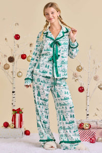 Hunter Green Christmas Print Pajama Set With Satin Bow