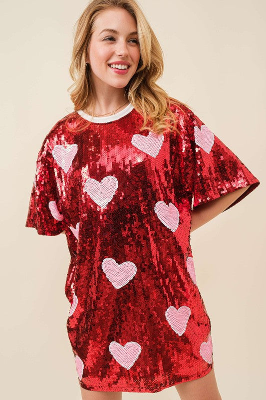 Red/Pink VALENTINES DAY Heart Print Sequin Tunic Top