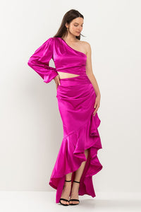 Hot Pink One Shoulder Diagonal Ruffle Bottom Dress