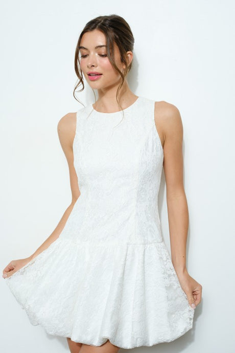 White Sleeveless Lace Bubble Hem Mini Dress