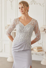 Silver Floor Length Mob Gown With 3/4 Sleeves V Neckline