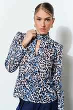 White/Blue Leopard High Neck Long Sleeve Blouse