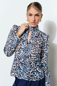 White/Blue Leopard High Neck Long Sleeve Blouse
