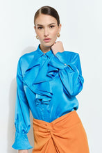 Teal Chic Satin Ruffled Jeweled Bell Sleeves Blouse Top
