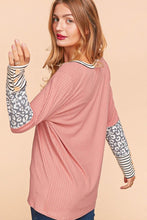 Mauve/Grey/Ivory Rib Leopard Print Stripe Color Block Knit Top