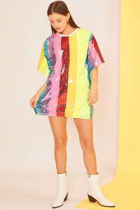 Neon Rainbow Color Block Sequin Tunic Top
