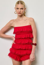 Red Strapless Ruffle Lace Trim Romper