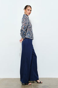White/Blue Leopard High Neck Long Sleeve Blouse