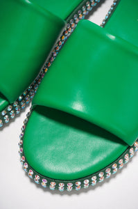 Green Womens Rhinestone Chunky Sandals Slides