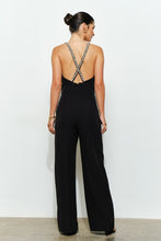 Black Crystal Trim Deep V Cross Back Jumpsuit