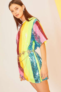 Neon Rainbow Color Block Sequin Tunic Top