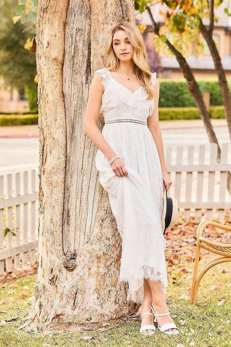 White Elastic Shoulder Ruffle Back Zipper Lace Dress