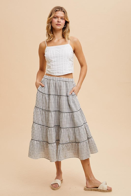 Off White Embroidered Tartan Elastic Midi Skirt