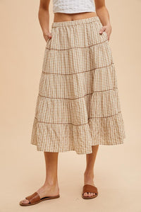 Brown Sugar Embroidered Tartan Elastic Midi Skirt
