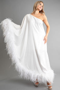 White Sheer Fabric With Feather Long Dress