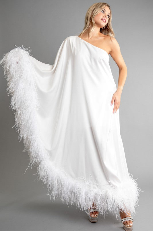 White Sheer Fabric With Feather Long Dress