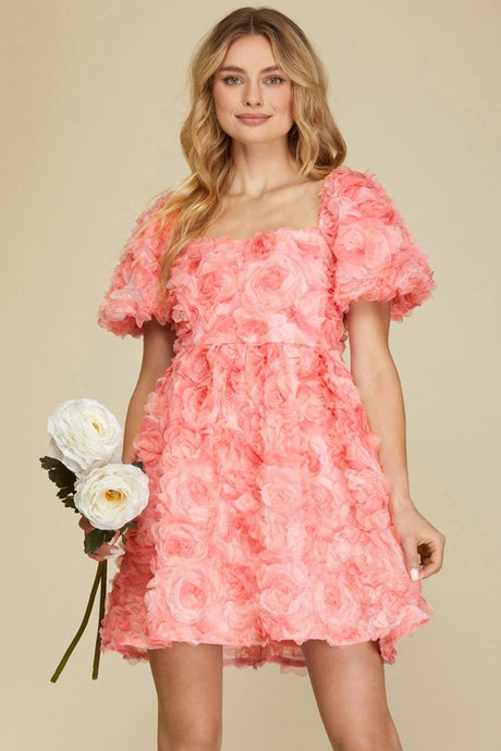 Pink Romantic Flower 3D Mesh Dress Mini Baby Doll Dress
