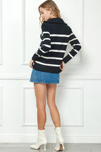 Black Stripe Knit Zip-up High Collared V-neck Sweater