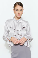 Silver Chic Satin Ruffled Jeweled Bell Sleeves Blouse Top