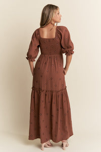 Chocolate Floral Embroidered Tiered Maxi Dress