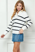 White Stripe Knit Zip-up High Collared V-neck Sweater