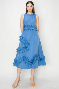Denim Blue Frill Sleeveless Midi Dress