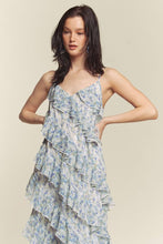 Blue Combo Floral Rufflr Spaghetti Strap Maxi Dress