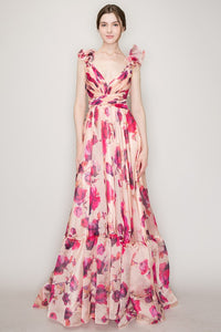 Apricot Organza Ruffle Shoulders Floral Tulle Maxi Dress