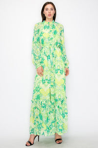 Green Combo Floral Print Button Down Closure Self Tie Maxi Dress