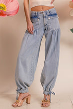 Lt Denim Washed Denim Wide Leg Pants With Tie Hem Detail