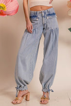 Lt Denim Washed Denim Wide Leg Pants With Tie Hem Detail