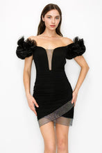 Black V-Neck Off Shoulder Mesh Metal Detail Mini Dress
