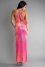 Pink Multi Color Sequin Halter Neck Deep V-Neck Keyhole