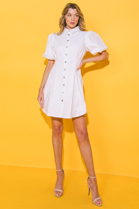 White A Denim Mini Dress Featuring Shirt Collar