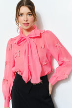 Fuchsia Sheer Embroidered Butterfly Bow Tie Blouse