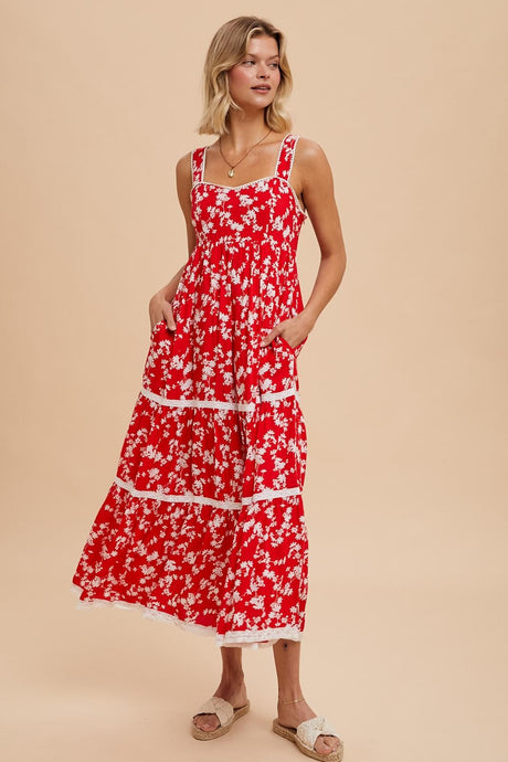 Cherry Red Floral Print Maxi Dress