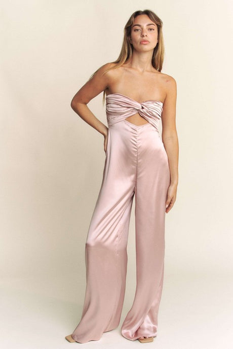 Mauve Satin Pintucked Bust Open Back Wide Leg Jumpsuit