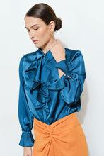 Teal Chic Satin Ruffled Jeweled Bell Sleeves Blouse Top