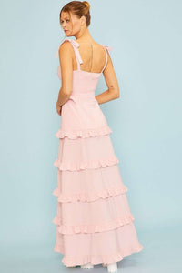 Pink Shoulder Self tie Edge Lace Belt Ruffle Maxi Dress