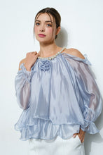 Dusty Blue Off-Shoulder Pearl Accent Organza Ruffle Blouse