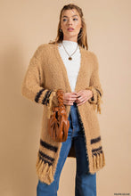 Taupe/Olive Soft Fuzzy Thread Boho Fringe Open Cardigan