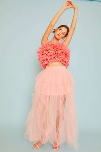 Pink Elastic Band Mesh Solid Long Skirt