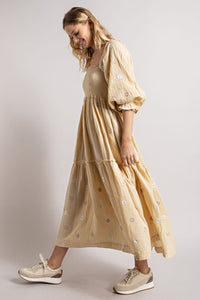 Beige Gauze Embroidery Smocking Tiered Gradient Dress