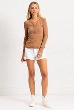 Taupe Acid Washed Half Placket Ribbed Knit Top