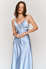 Sky Blue Satin Tie Bust Spaghetti Strap Midi Dress