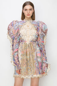 Coral Multi/Gorgeous Lace Mutton Sleeve Mini Dress